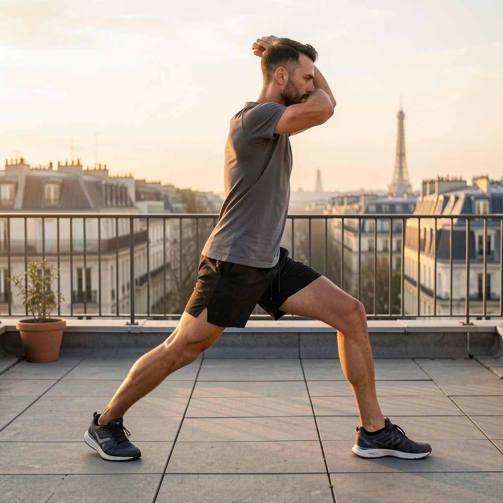 Man in athletic wear stretching at dawn on a Paris rooftop terrace, soft golden morning light, urban background